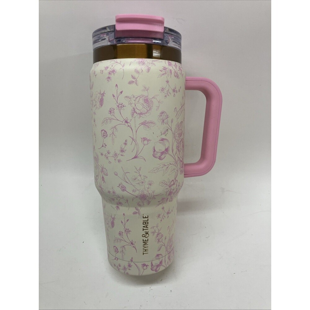 Thyme & Table 32 fl oz Stainless Steel Rose Tumbler w/Handle & Dual Straw New